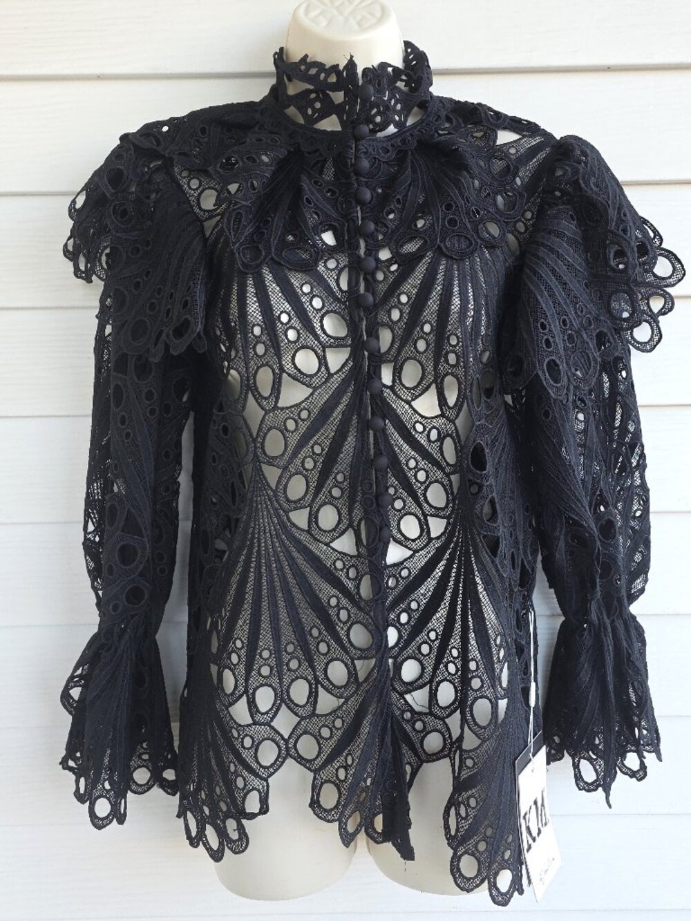 NWT KM by Katherine Black lace sheer Victorian style blouse